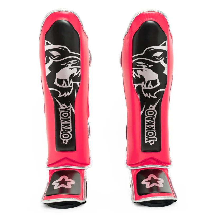 YOKKAO Original skórzane ochraniacze piszczeli Silver - fuchsia
