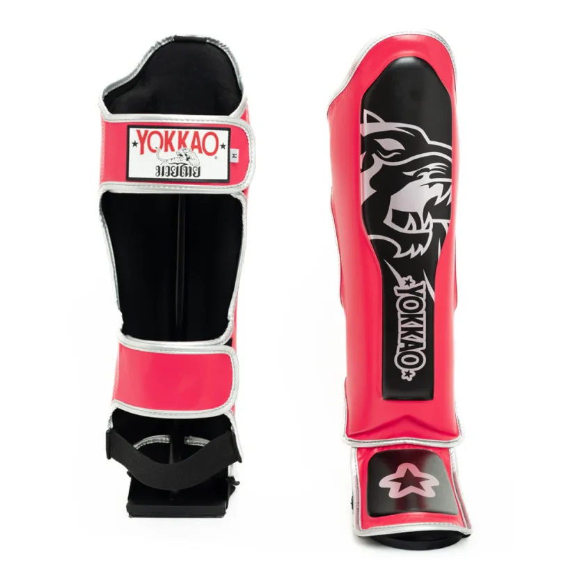 YOKKAO Original skórzane ochraniacze piszczeli Silver - fuchsia